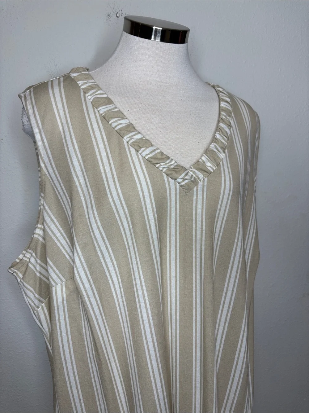 Belle by Kim Gravel Beach Beige and White Striped V-Neck Midi Dress